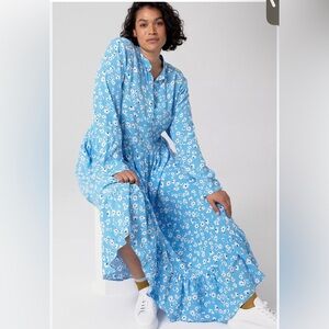 MareMare Anthropologie Blue Floral Long Sleeve Tiered Maxi Dress 2X Cottagecore